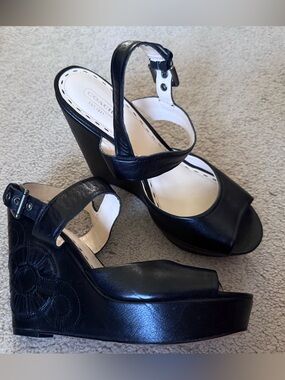 Coach Black Leather Platform Wedge Sandals with Ankle Strap